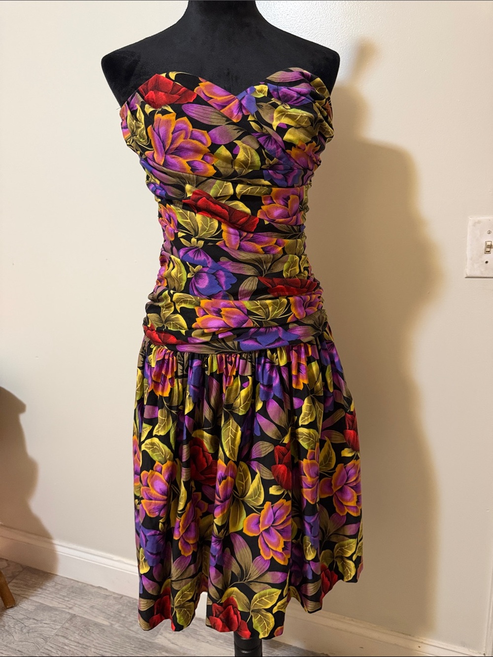 Strapless Floral Ruched Midi Dress in Black with Purple & Yellow Floral